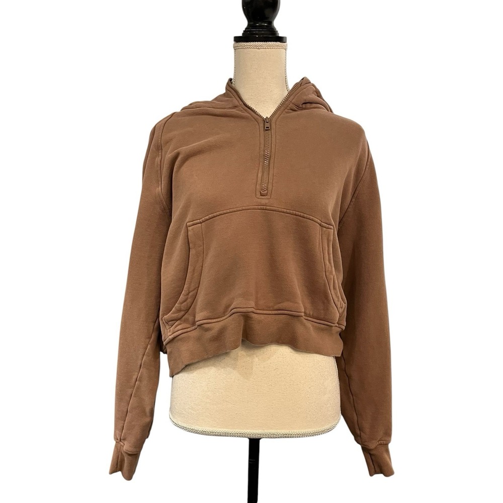 Quince Hoodie Sweatshirt Brown Cropped 1/4 Zip Fleece Lined Size M Loungewear